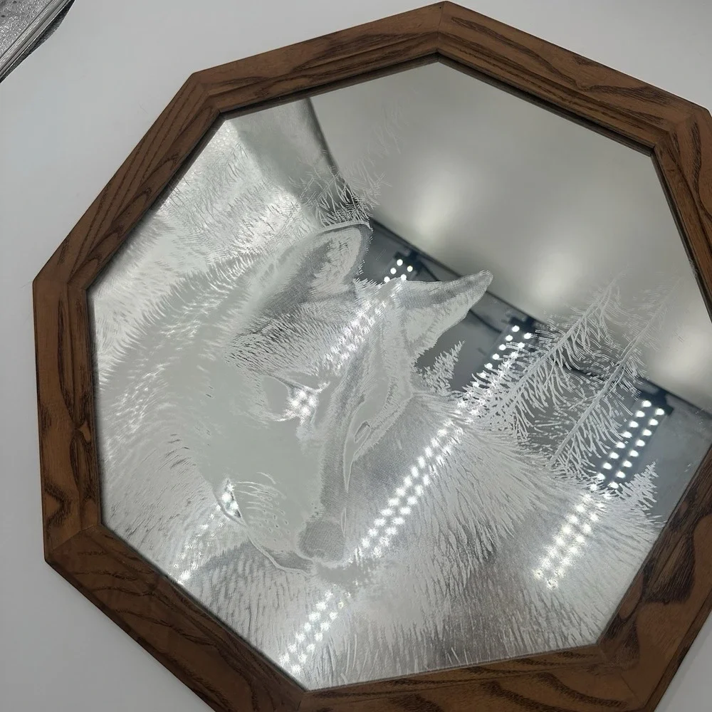 Vintage Wolf Etched Mirror Octagon Wood Frame Wildlife Cabin Lodge Decor